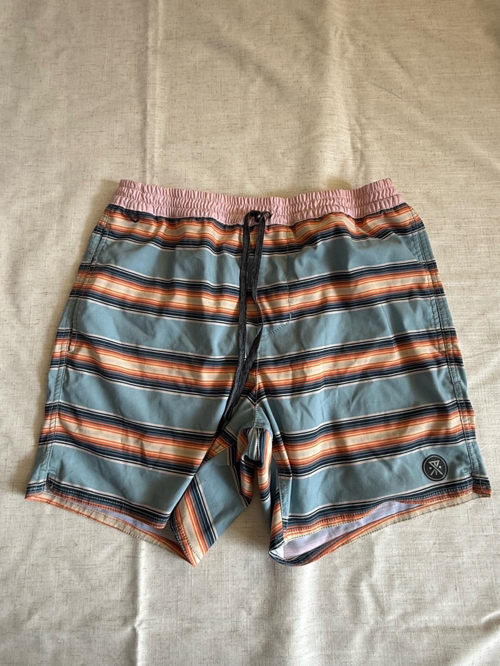 Roark Men's Light Blue Striped Swim Trunks with Pink Waistband